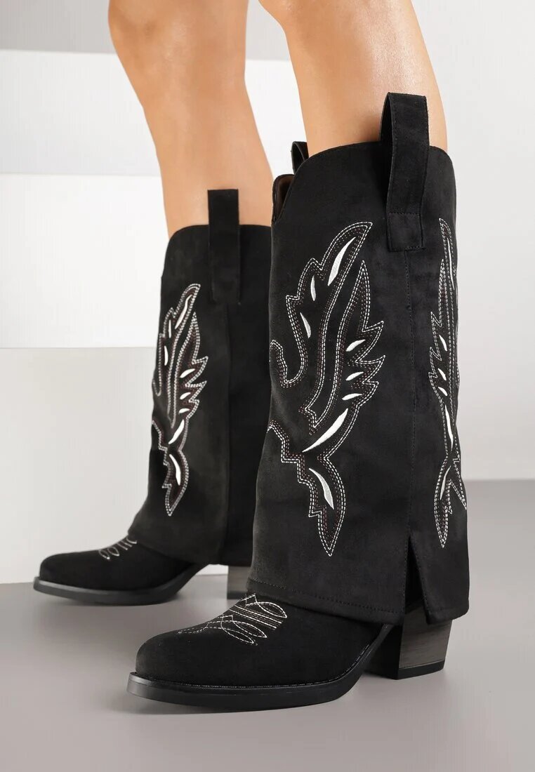 super mode Cizme Negre tip Cowboy cu Toc cu Tija Întoarsă și Broderie Emmirine