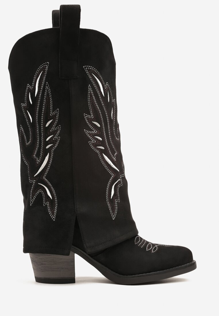 super mode Cizme Negre tip Cowboy cu Toc cu Tija Întoarsă și Broderie Emmirine