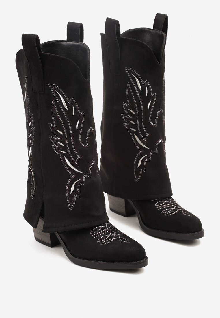 super mode Cizme Negre tip Cowboy cu Toc cu Tija Întoarsă și Broderie Emmirine