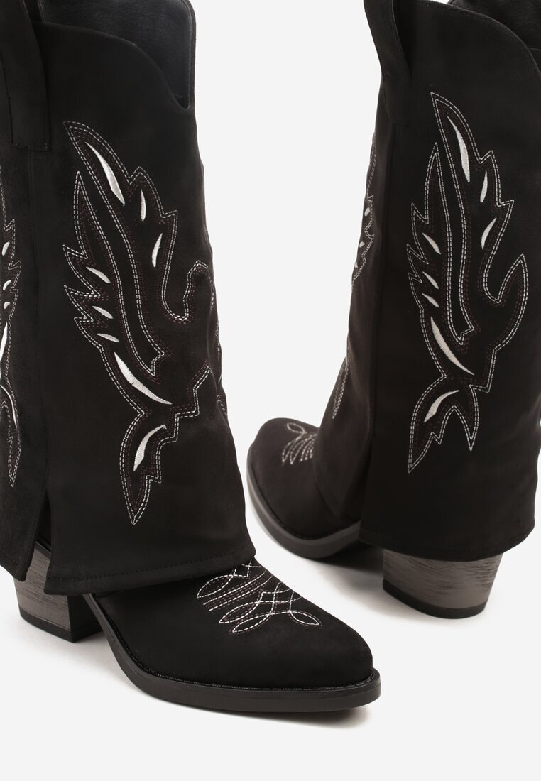 super mode Cizme Negre tip Cowboy cu Toc cu Tija Întoarsă și Broderie Emmirine