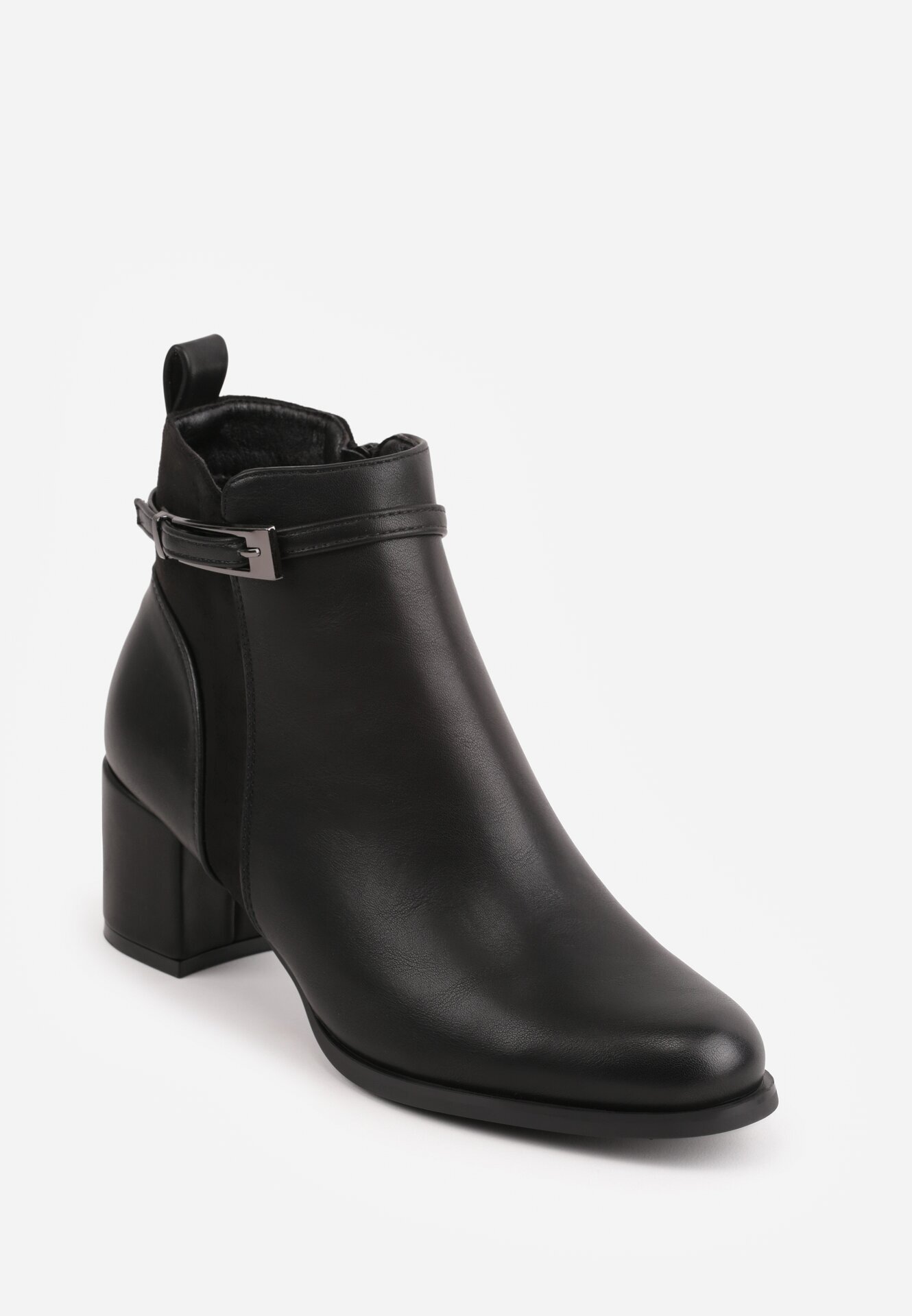 super mode Ghete elegante pe toc gros cu curea decorativă cu cataramă Logina Negre