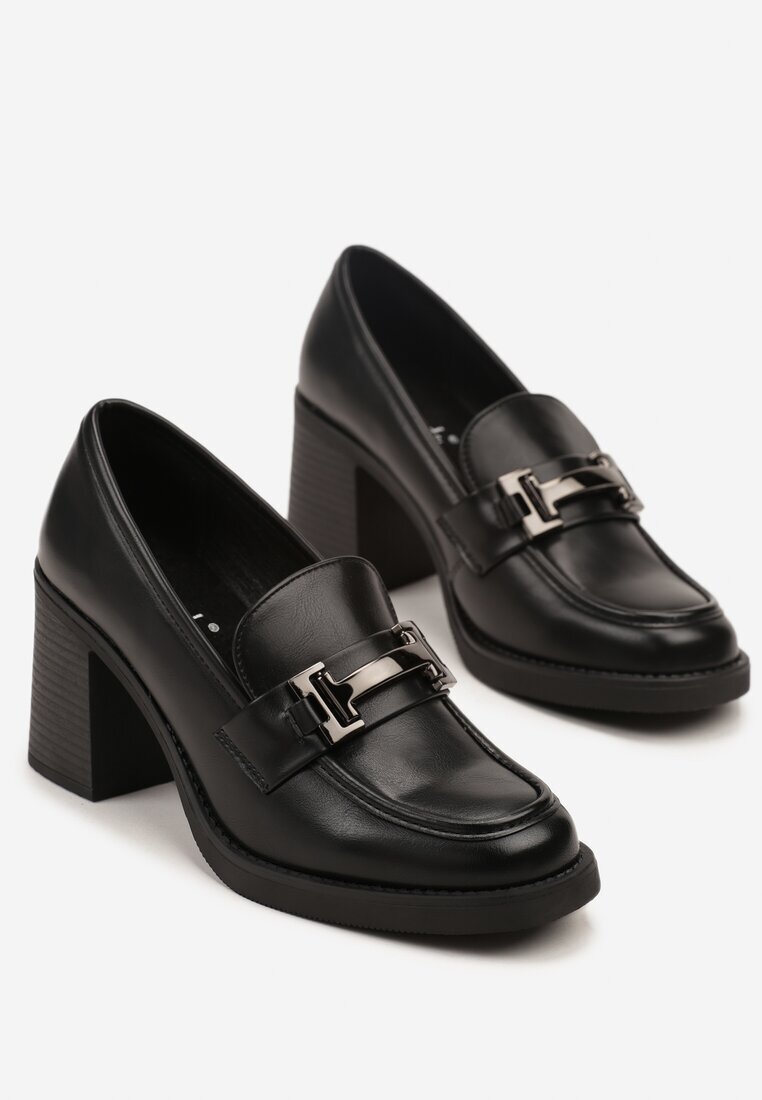super mode Pantofi negri cu toc stil mocasin cu branț din piele și cataramă Tuliora
