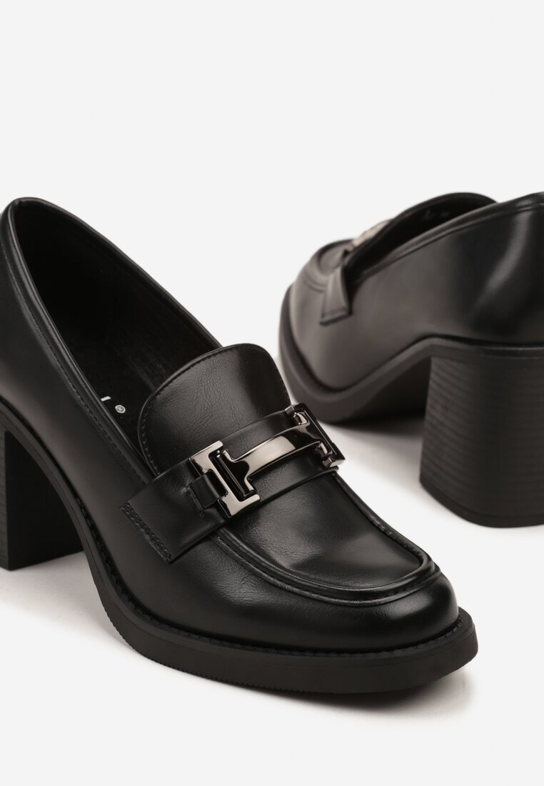 super mode Pantofi negri cu toc stil mocasin cu branț din piele și cataramă Tuliora