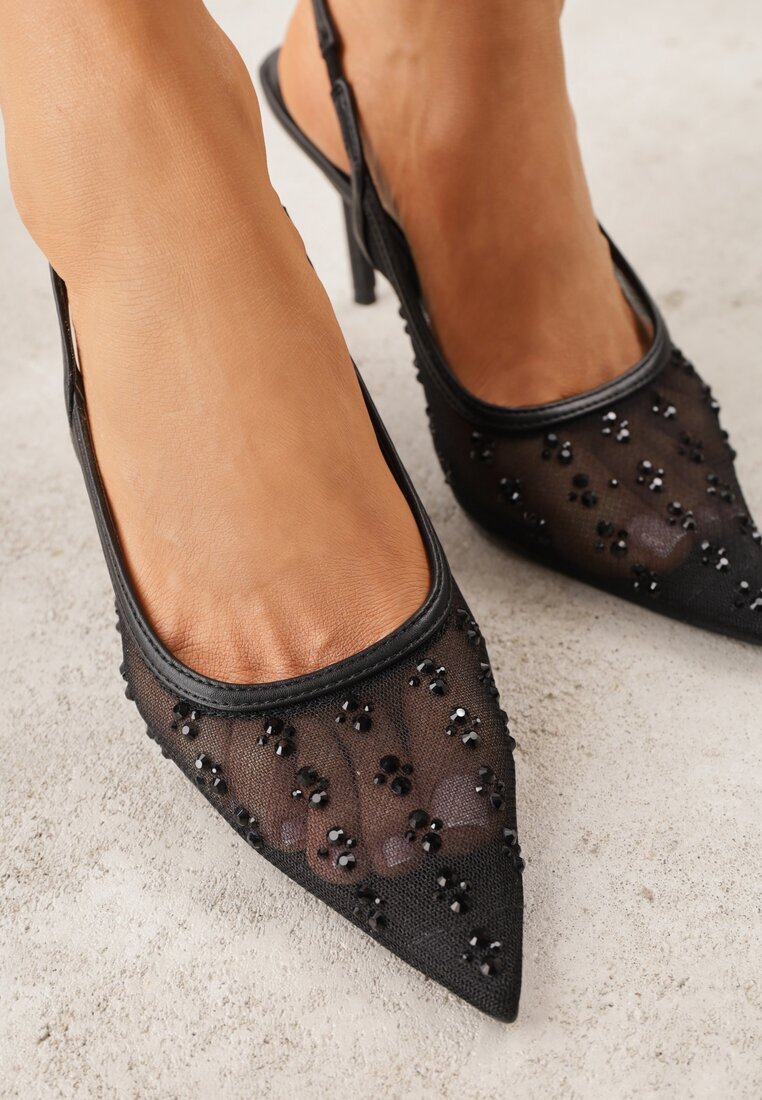 super mode Sandale Negre Din plasă Slingback cu toc stiletto cu strasuri Eshirvyn