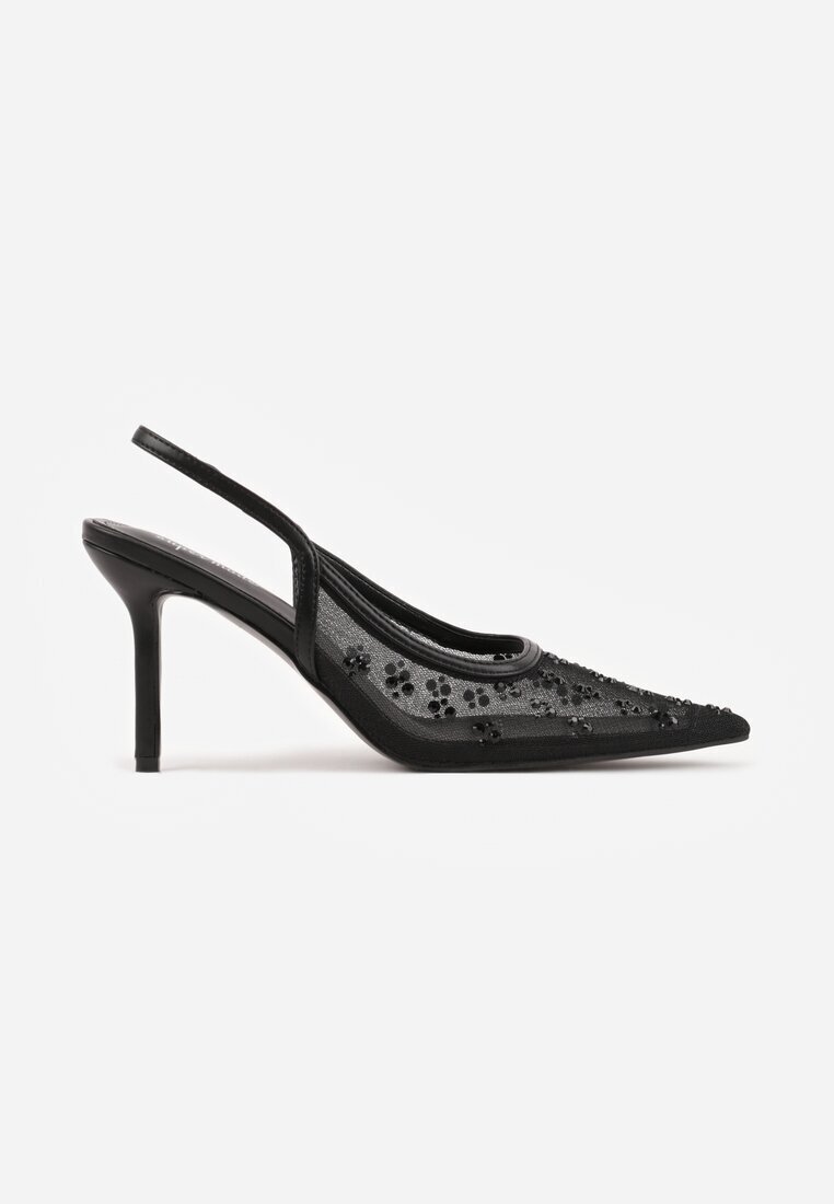 super mode Sandale Negre Din plasă Slingback cu toc stiletto cu strasuri Eshirvyn
