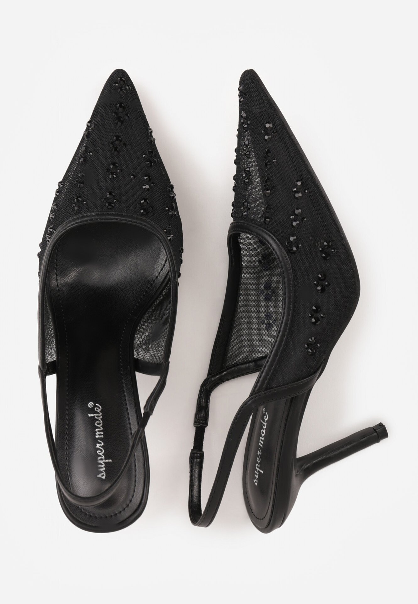 super mode Sandale Negre Din plasă Slingback cu toc stiletto cu strasuri Eshirvyn