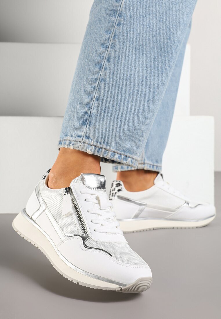 super mode Sneakersi Albi cu Inserații Metalice și Fermoar Decorativ Alanatia
