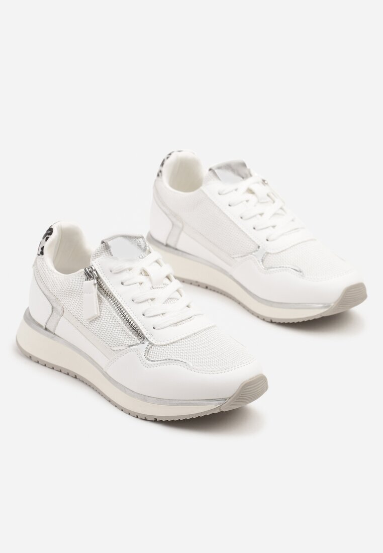 super mode Sneakersi Albi cu Inserații Metalice și Fermoar Decorativ Alanatia