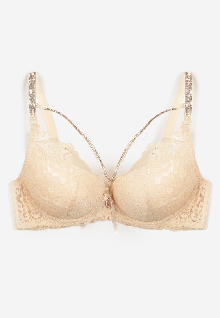  Sutien Bej deschis din dantelă Push-Up cu Zirconii Decorative Hevantia