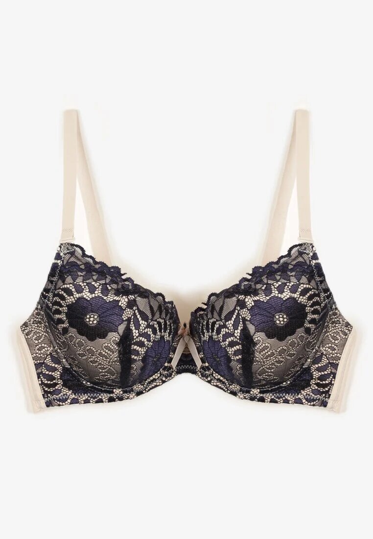  Sutien Bleumarin-Bej cu Motiv din Dantelă Florală Nelenor