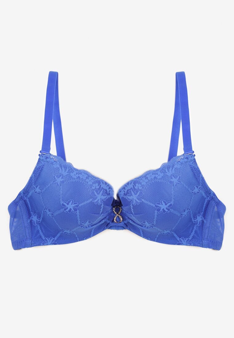  Sutien din dantelă Push Up decorat cu aplicație metalică Albastru Norithiel