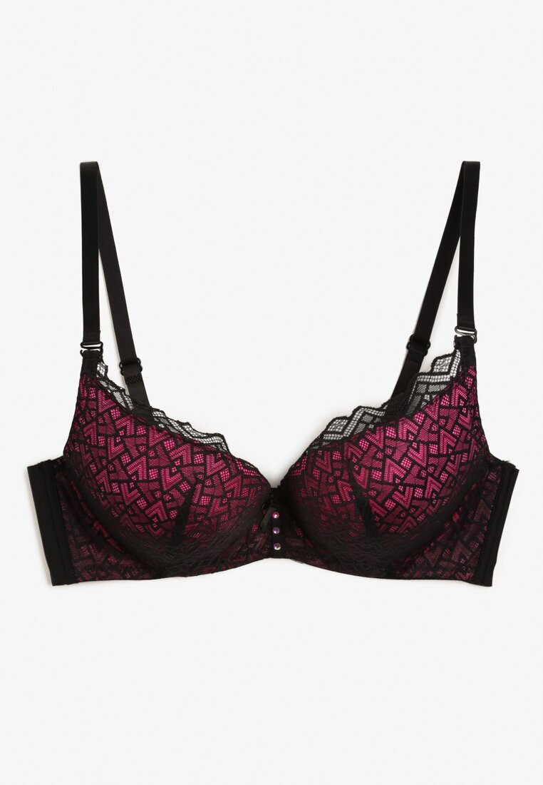  Sutien Negru-Fucsia Push-Up Decorat cu Dantelă Dimessta
