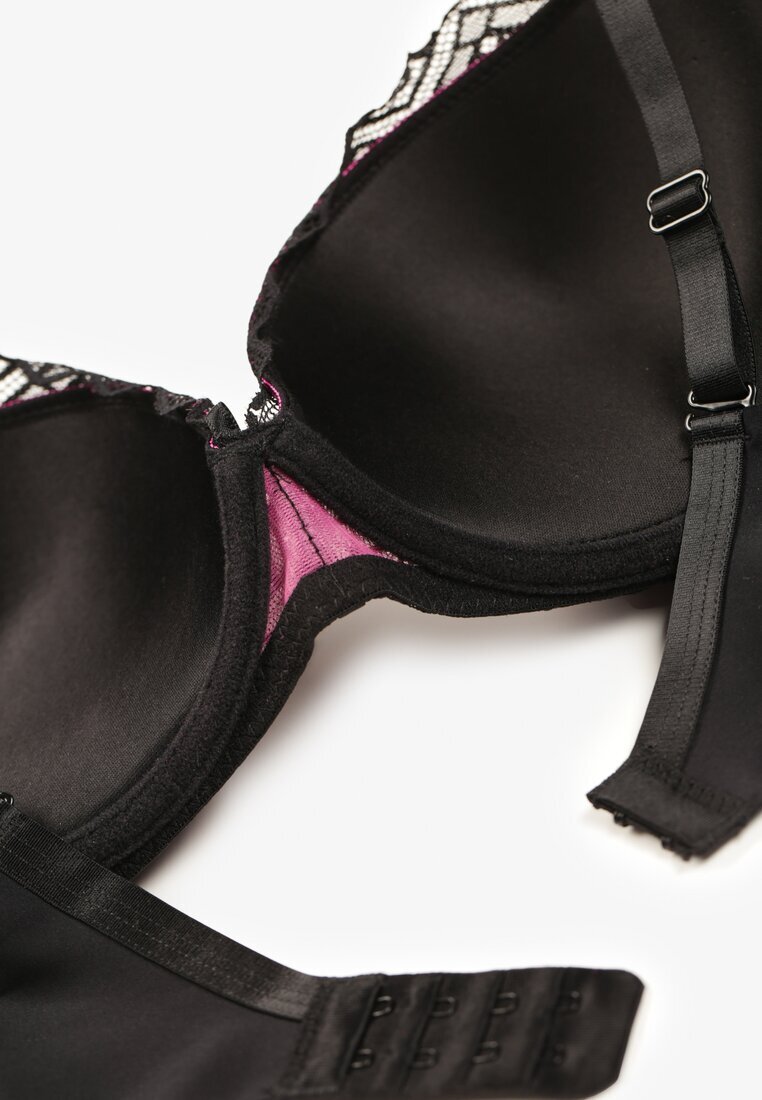  Sutien Negru-Fucsia Push-Up Decorat cu Dantelă Dimessta