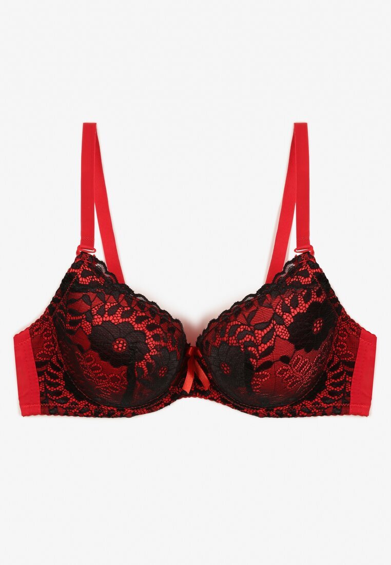  Sutien Negru-Roșu cu Model din Dantelă Florală Nelenor