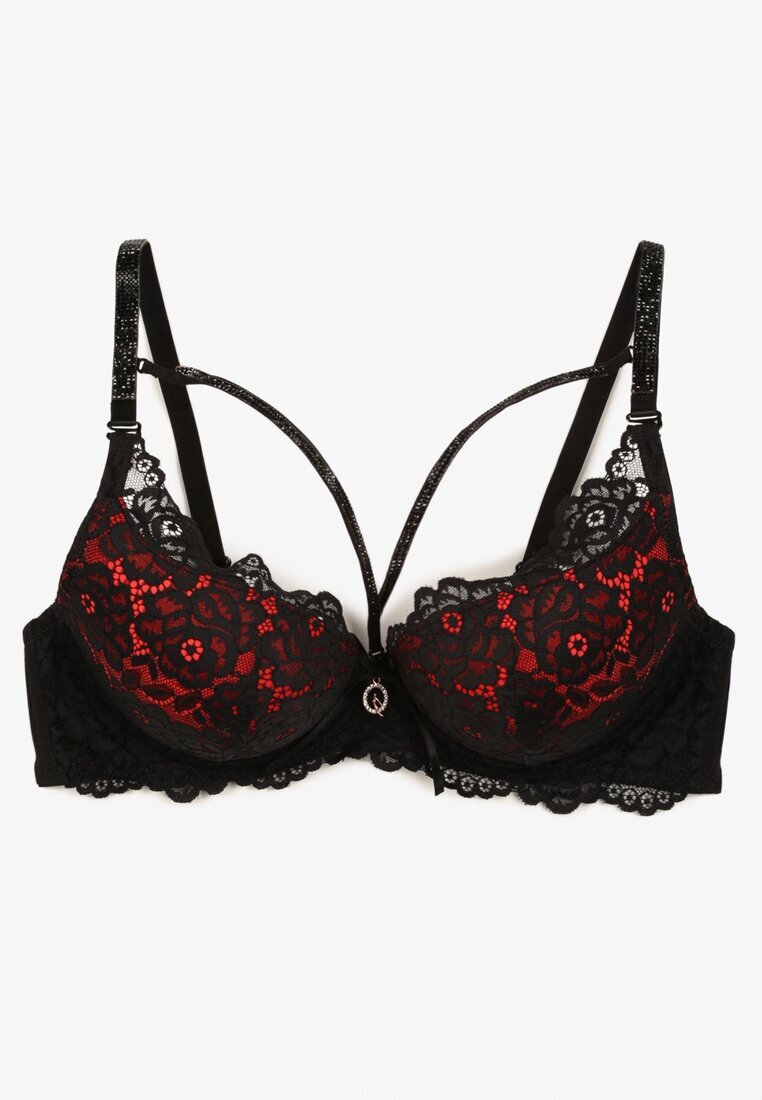  Sutien Negru-Roșu de Dantelă Push-Up cu Zirconii Decorative Hevantia