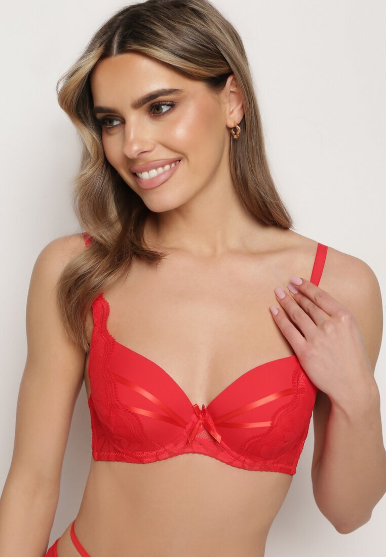  Sutien Roșu cu Bretele Ajustabile Full Cup cu Inserție de Dantelă Moallina