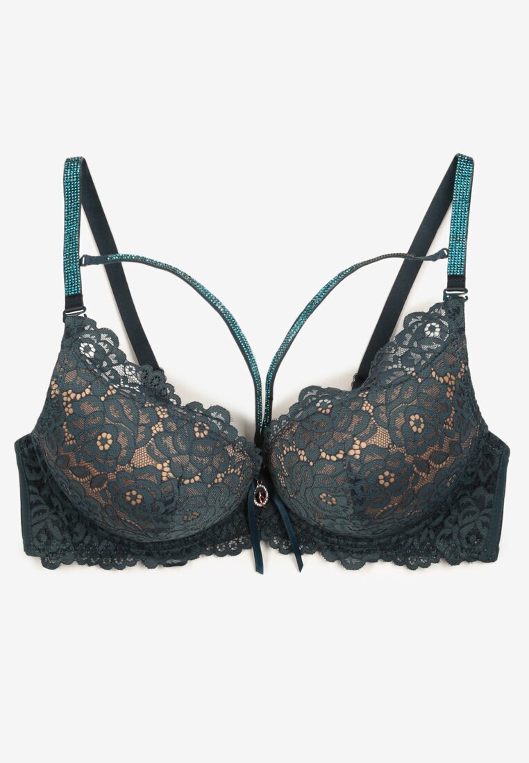  Sutien verde închis din dantelă push-up cu strasuri decorative Hevantia