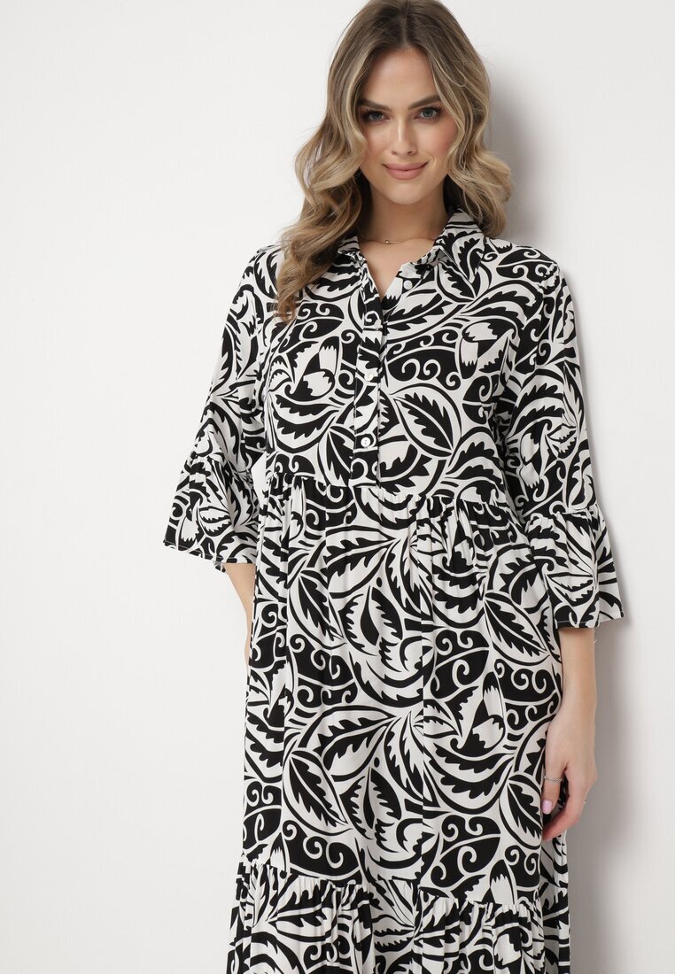 sweet&girl Rochie Alb-Negru Evazată Maxi cu volan și imprimeu botanic Maticia