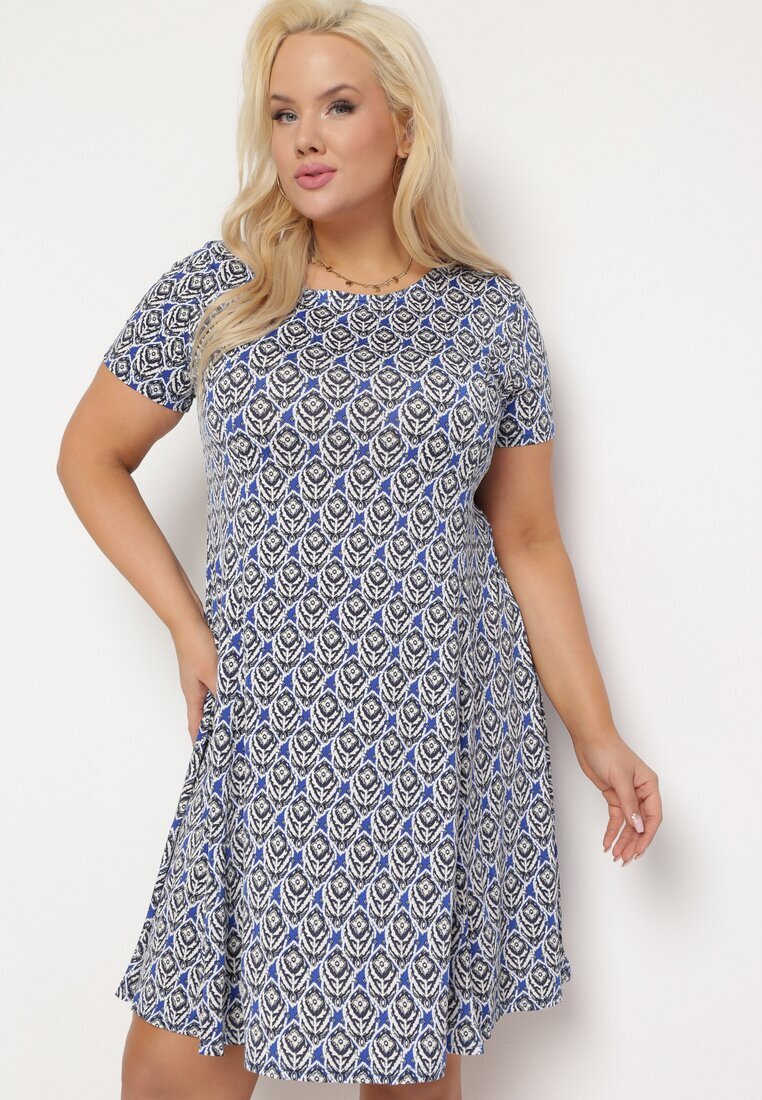 sweet&girl Rochie Cloș Bleumarin cu Alb din Viscoză cu Mânecă Scurtă și Imprimeu Mozaic Hyacina