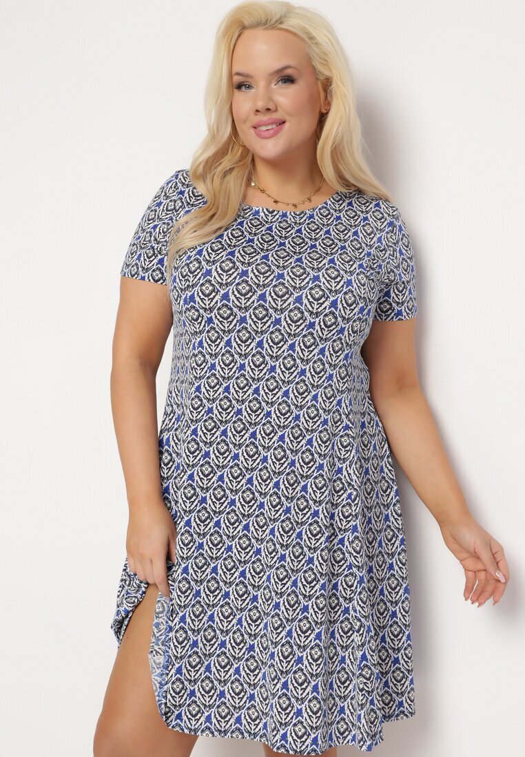 sweet&girl Rochie Cloș Bleumarin cu Alb din Viscoză cu Mânecă Scurtă și Imprimeu Mozaic Hyacina