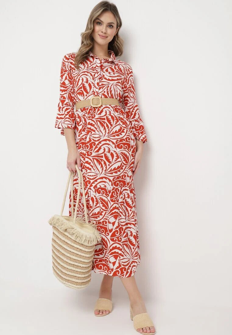 sweet&girl Rochie Cloș Portocaliu-Alb Maxi cu Volan și Model Botanic Maticia
