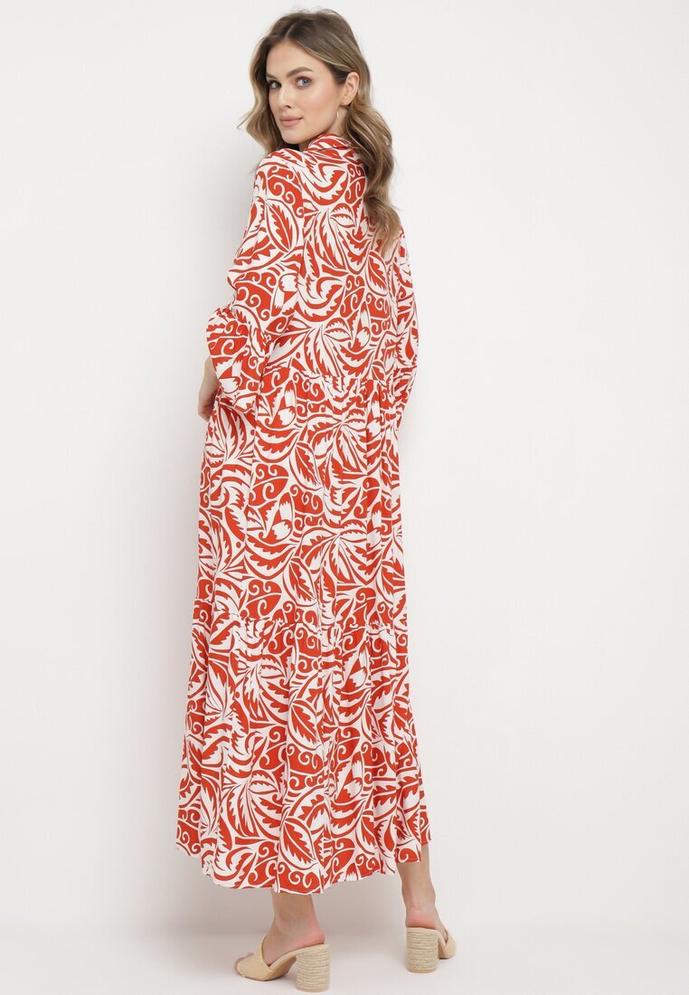 sweet&girl Rochie Cloș Portocaliu-Alb Maxi cu Volan și Model Botanic Maticia