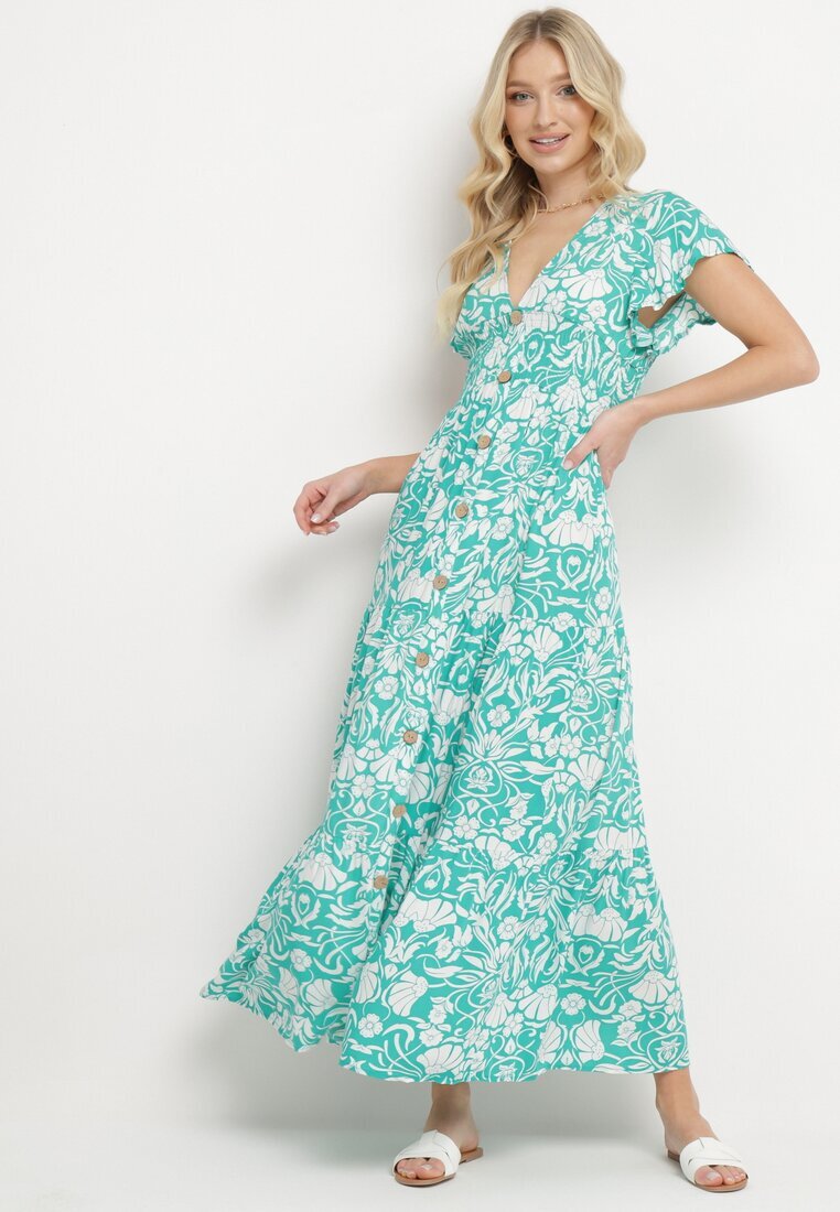 sweet&girl Rochie Mentă Cloș Maxi cu Mânecă Largă cu Imprimeu Floral Oxeria