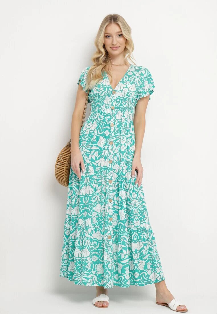sweet&girl Rochie Mentă Cloș Maxi cu Mânecă Largă cu Imprimeu Floral Oxeria
