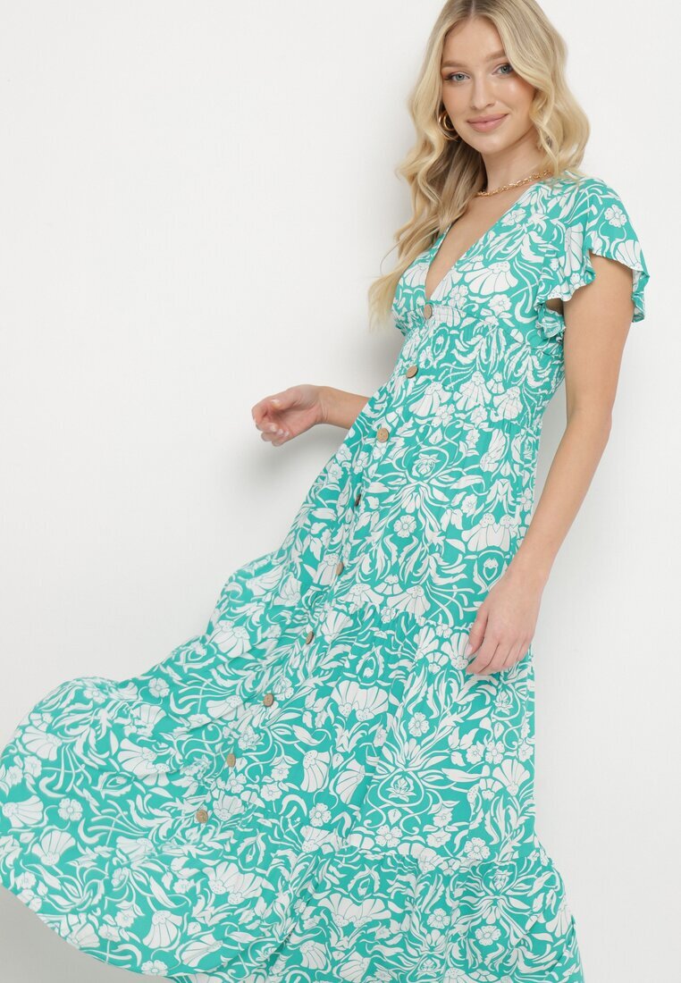 sweet&girl Rochie Mentă Cloș Maxi cu Mânecă Largă cu Imprimeu Floral Oxeria