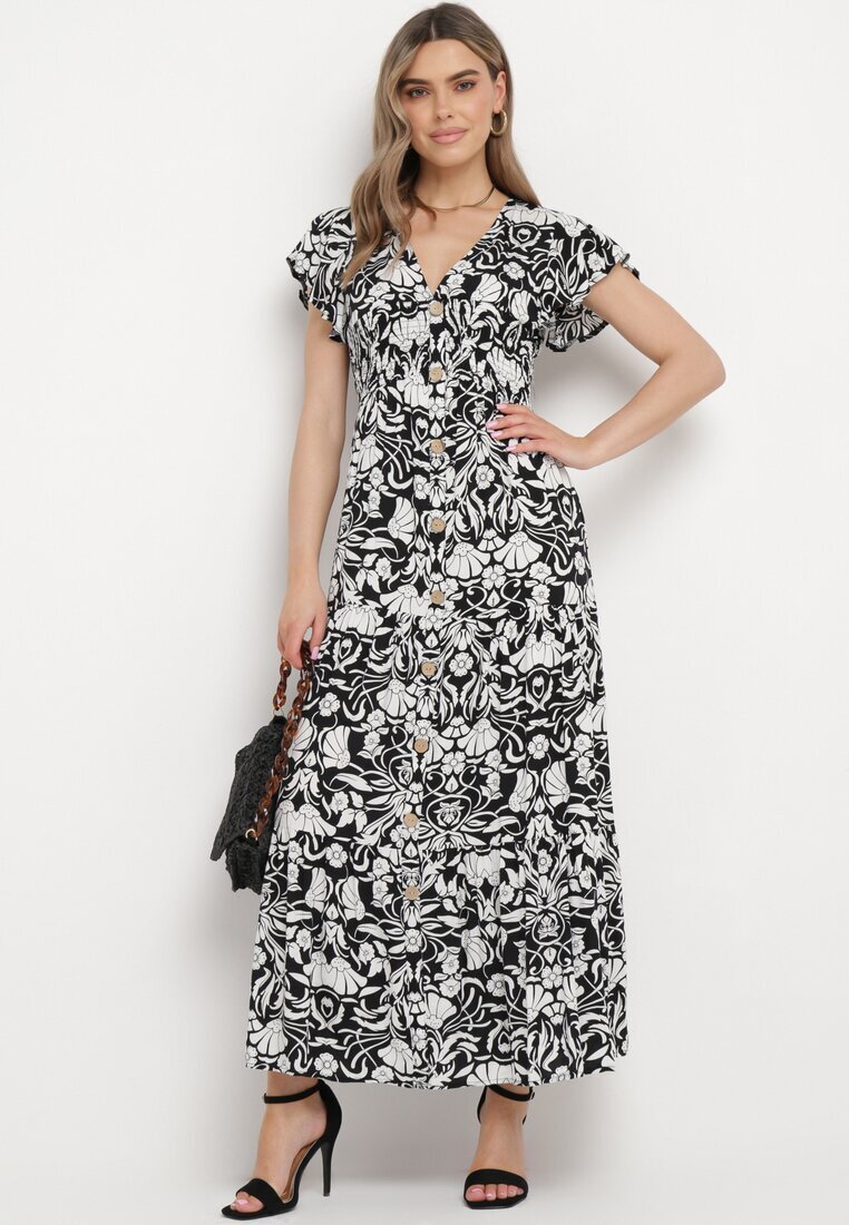sweet&girl Rochie Neagră Cloș Maxi cu Mânecă Largă cu Imprimeu Floral Oxeria