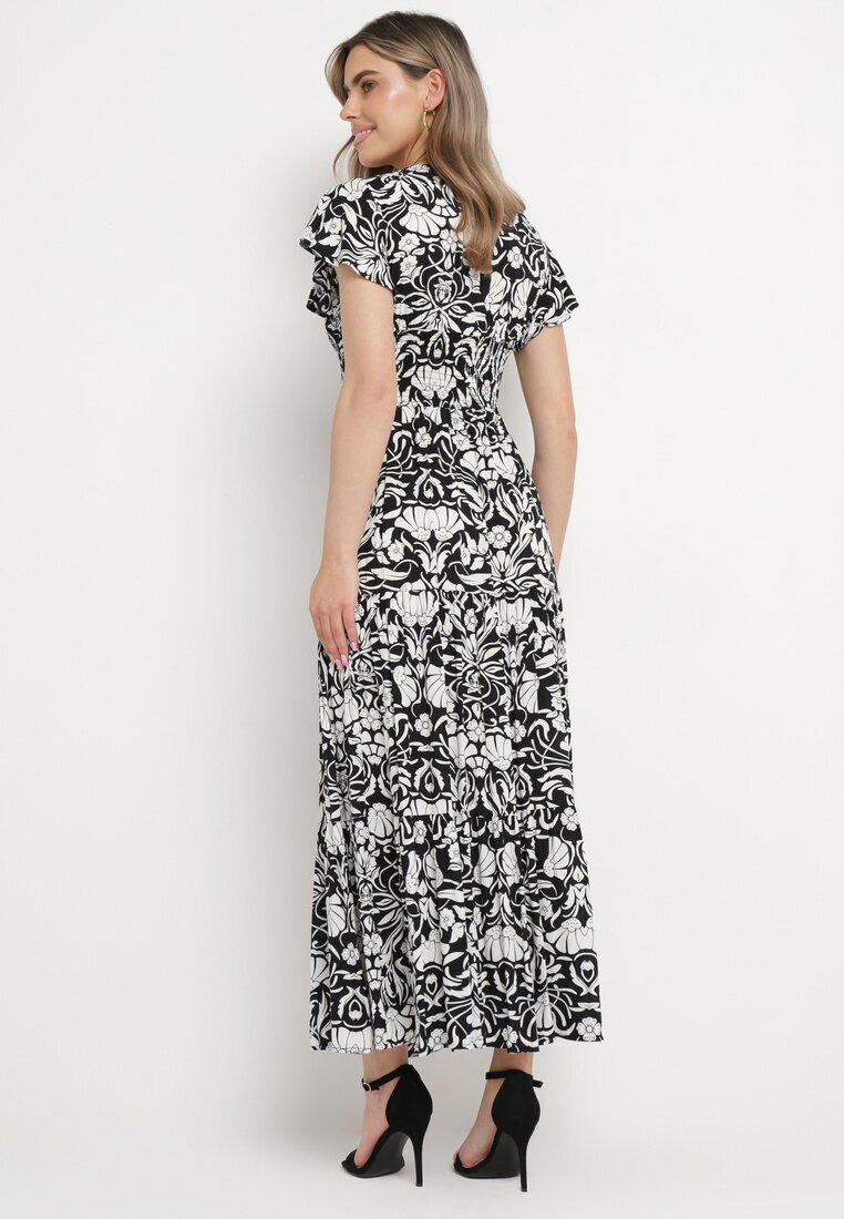 sweet&girl Rochie Neagră Cloș Maxi cu Mânecă Largă cu Imprimeu Floral Oxeria