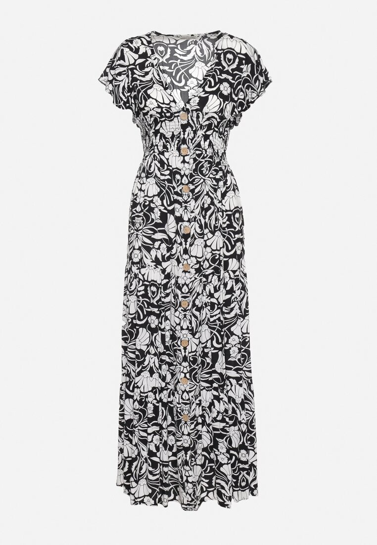 sweet&girl Rochie Neagră Cloș Maxi cu Mânecă Largă cu Imprimeu Floral Oxeria