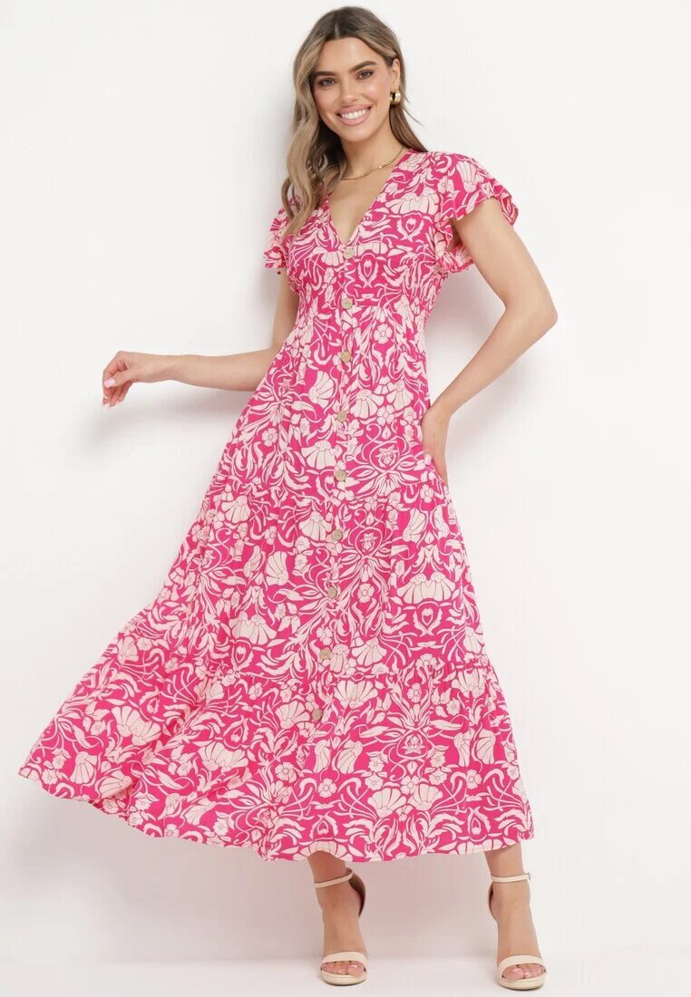 sweet&girl Rochie Roz Evazată Maxi cu Mânecă Largă cu Imprimeu Floral Oxeria