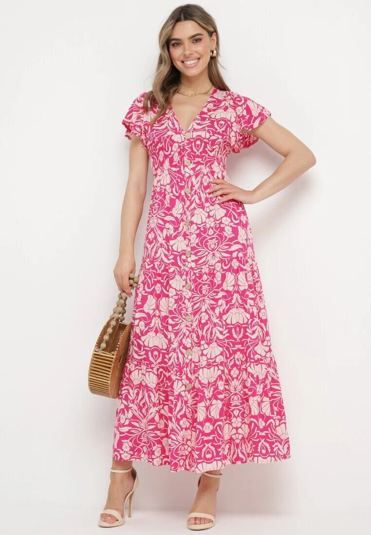 sweet&girl Rochie Roz Evazată Maxi cu Mânecă Largă cu Imprimeu Floral Oxeria