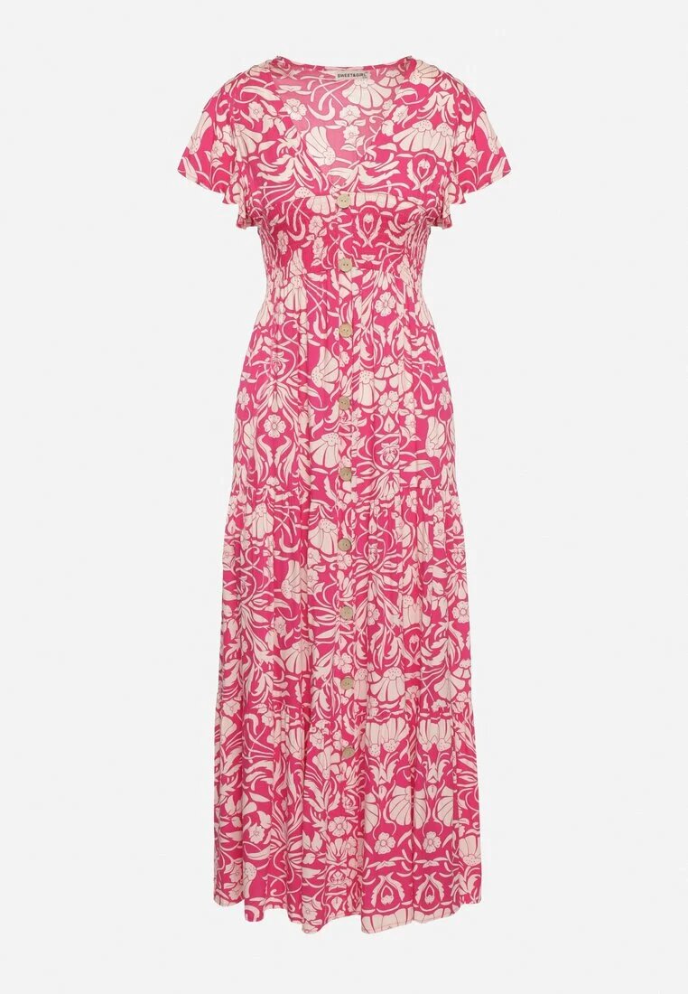 sweet&girl Rochie Roz Evazată Maxi cu Mânecă Largă cu Imprimeu Floral Oxeria