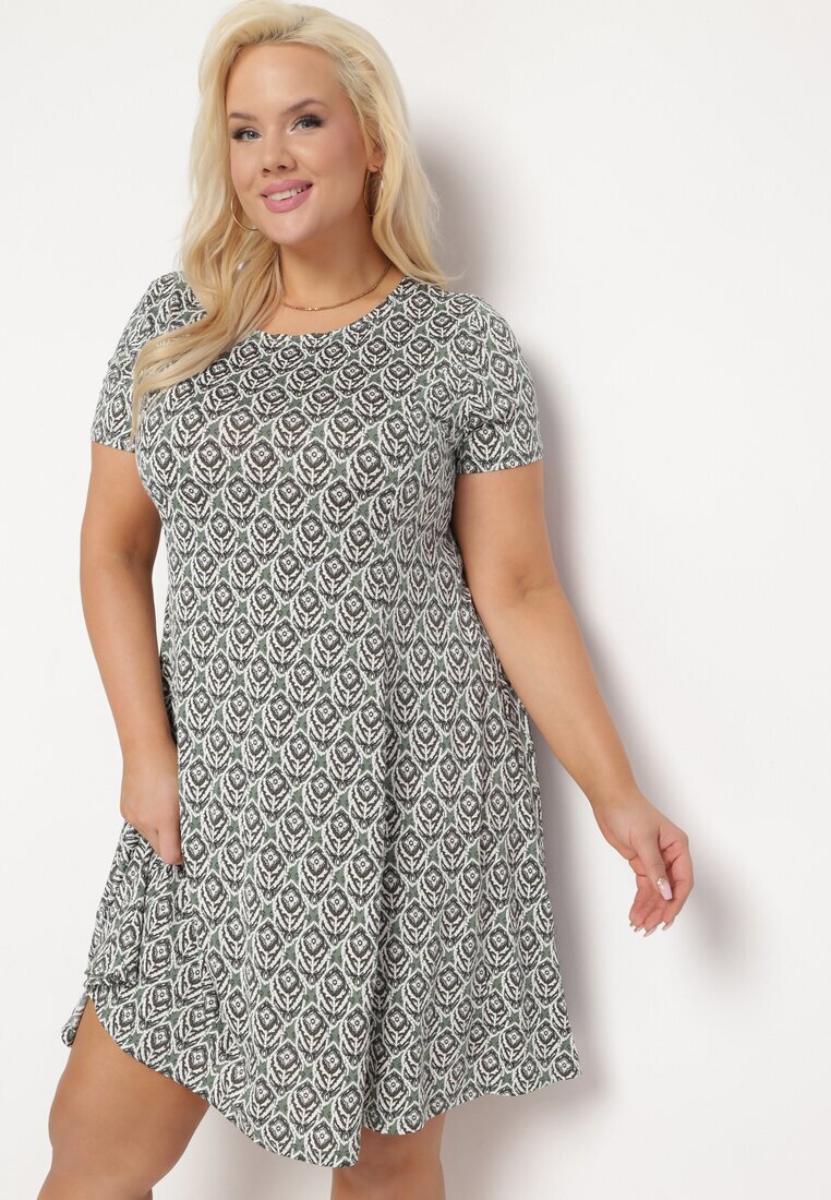 sweet&girl Rochie Verde-Bej Cloș din Viscoză cu Mânecă Scurtă și Imprimeu Mozaic Hyacina