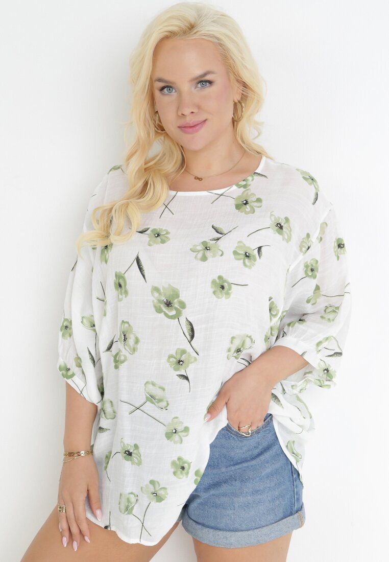 sweet lady Bluză Alb-Verde cu Mânecă Scurtă Florală Neitta