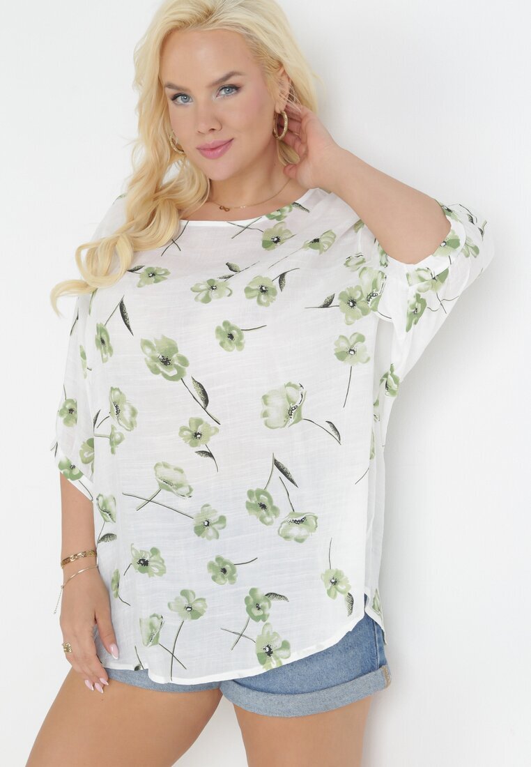 sweet lady Bluză Alb-Verde cu Mânecă Scurtă Florală Neitta