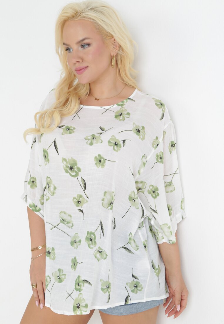 sweet lady Bluză Alb-Verde cu Mânecă Scurtă Florală Neitta