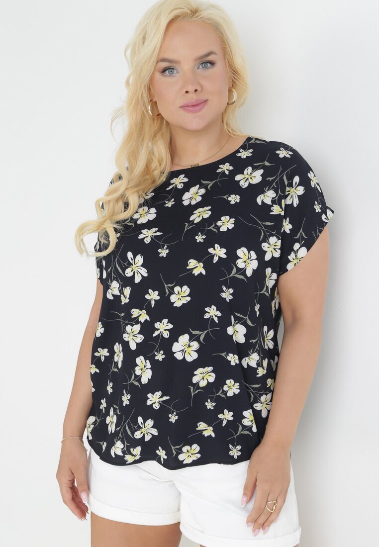 sweet lady Bluză Neagră Oversize cu Flori cu Mânecă Scurtă Suzane