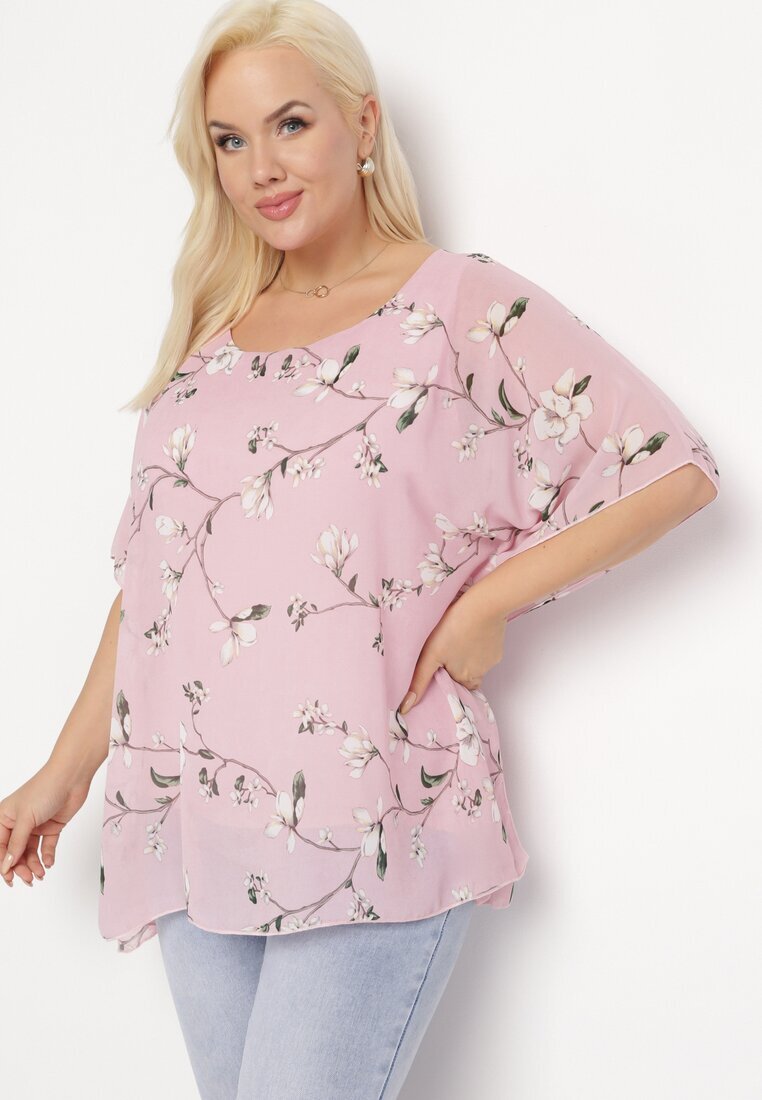 sweet lady Bluză Roză cu Flori cu Mânecă Decorativă Tip Liliac Lellia