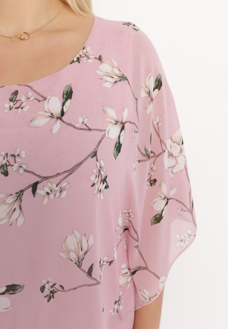sweet lady Bluză Roză cu Flori cu Mânecă Decorativă Tip Liliac Lellia