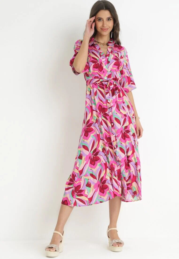 sweewe Rochie Fucsia Tip Cămașă din Viscoză cu Flori și cu Cordon de legat Fstrid
