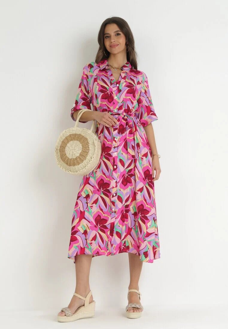 sweewe Rochie Fucsia Tip Cămașă din Viscoză cu Flori și cu Cordon de legat Fstrid