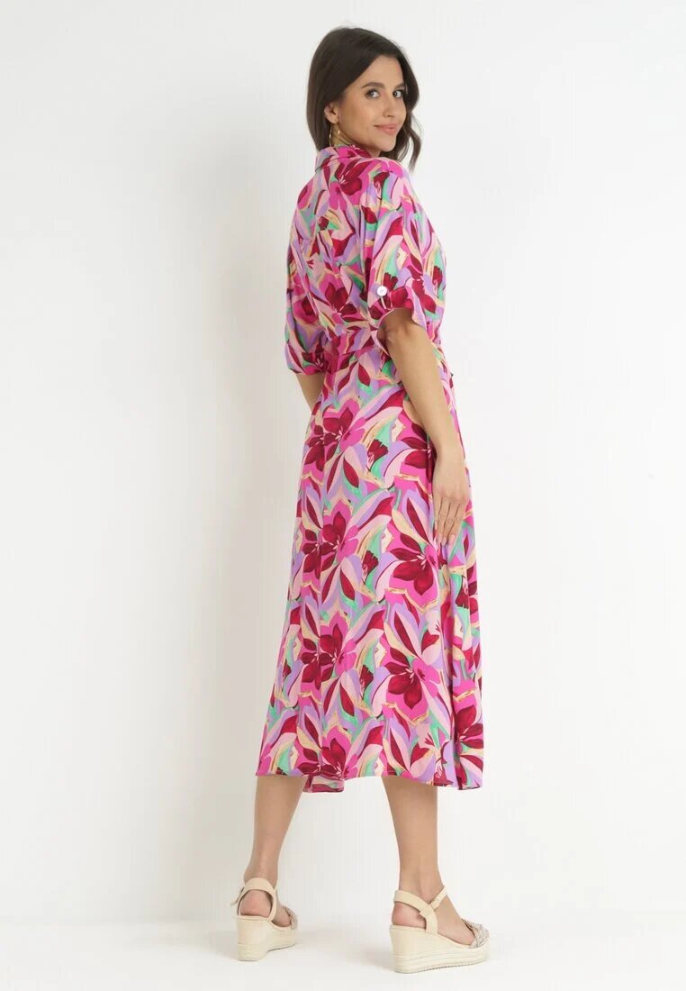 sweewe Rochie Fucsia Tip Cămașă din Viscoză cu Flori și cu Cordon de legat Fstrid