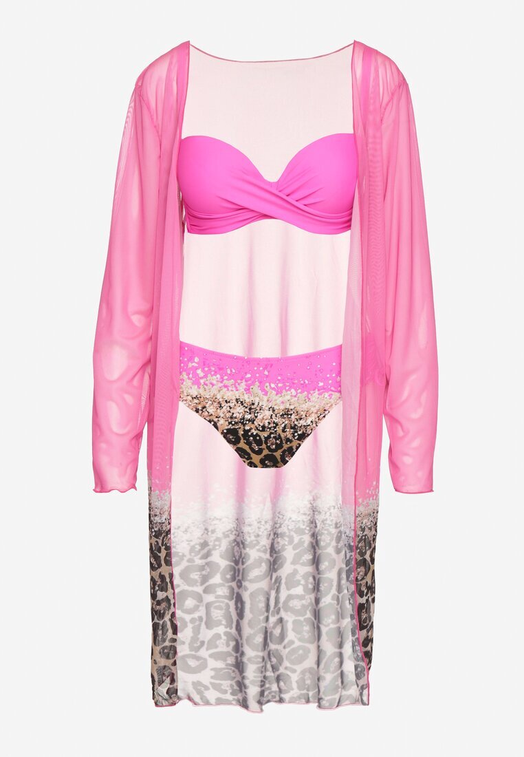 swest Bikini Fucsia Sutien și Chiloți slip cu pareo suplimentar cu imprimeu leopard Pasalitia