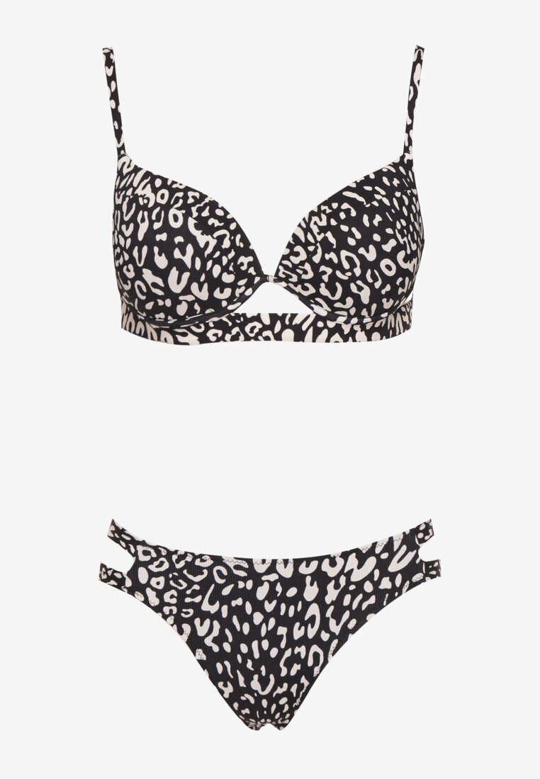 swest Bikini Negru cu Imprimeu Leopard Sutien și Chiloți cu Decupaje Savettea
