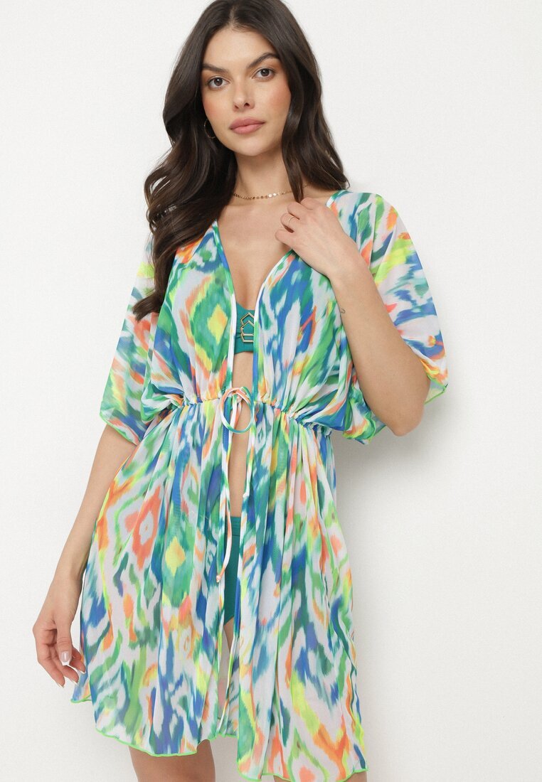 swest Cardigan Verde de plasă cu model abstract și legătură Revarella