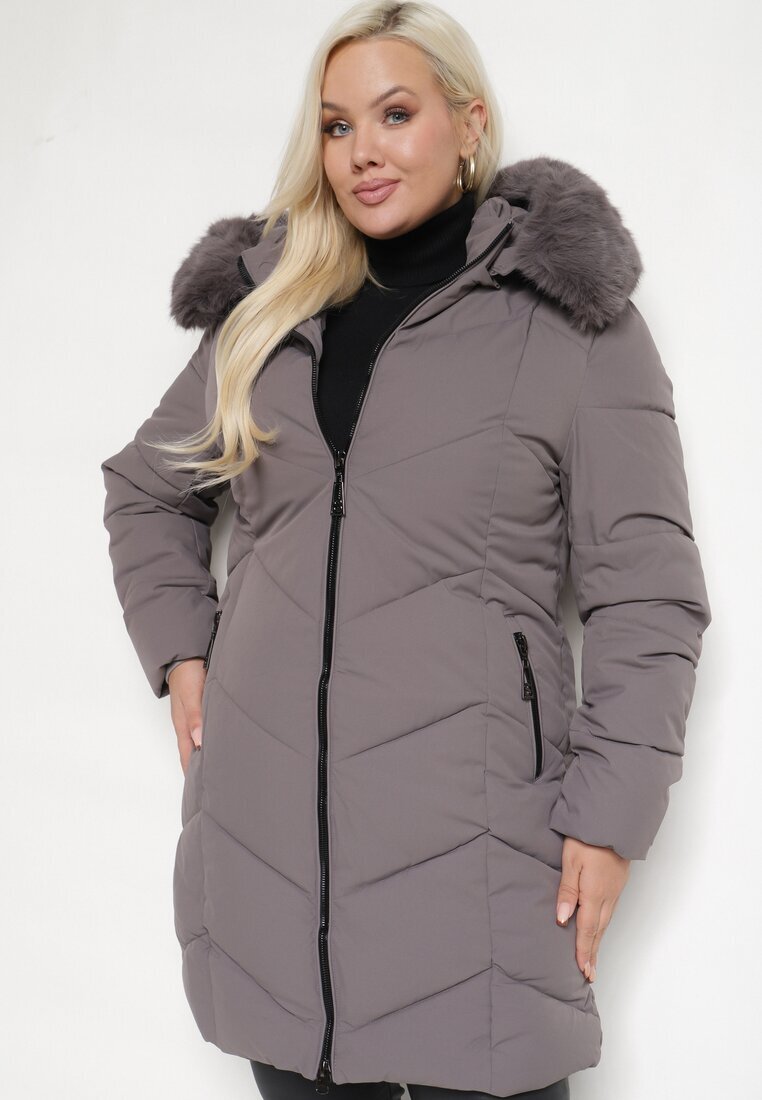swest Geacă Gri închis Matlasată cu Cusături Decorative Decorată cu Blană Sarittia