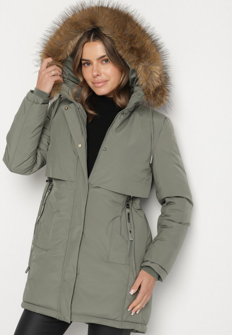 swest Geacă Parka Verde Casual cu Glugă cu Blană Nallorea